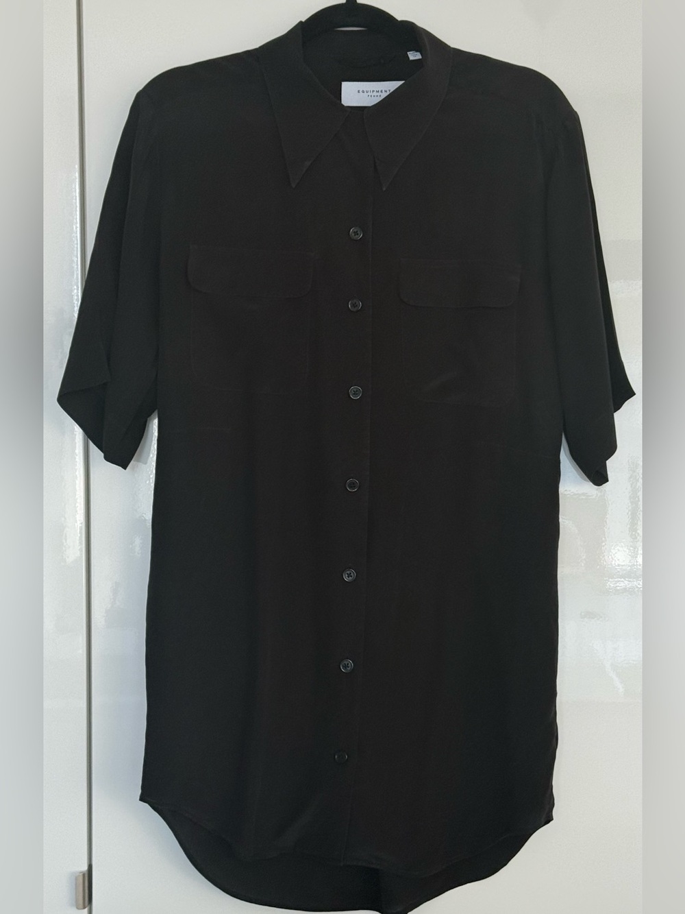 Equipment Femme Black 100% Silk Short Sleeve Shirt Dress Size M